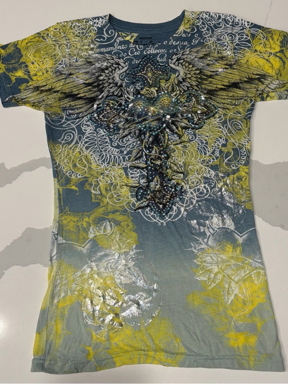 Sinful Blue Tee with Yellow Accents & Winged Cross Graphic